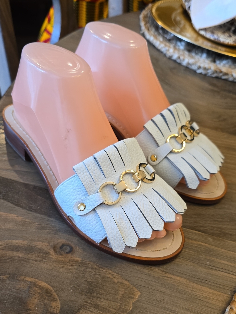 Kate Spade White Fringe Slide Mules with Gold Chain